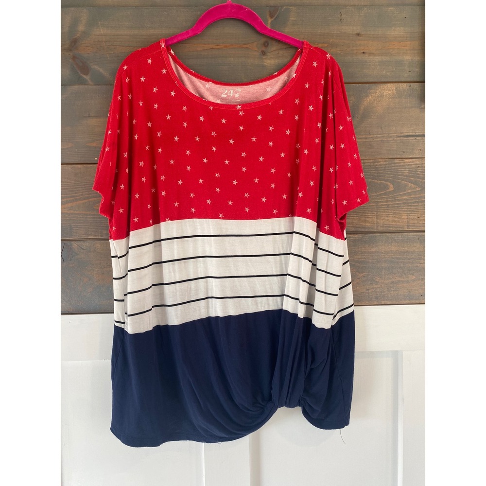 24/7 Comfort Apparel Patriotic Stars Stripes Red White Blue Knot Top 1X Plus